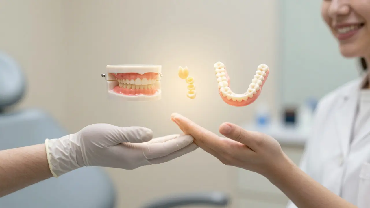 Ruce technika a pacienta se dotýkají přes sklo, mezi nimi visí zubní náhrady jako symbol obnovy.