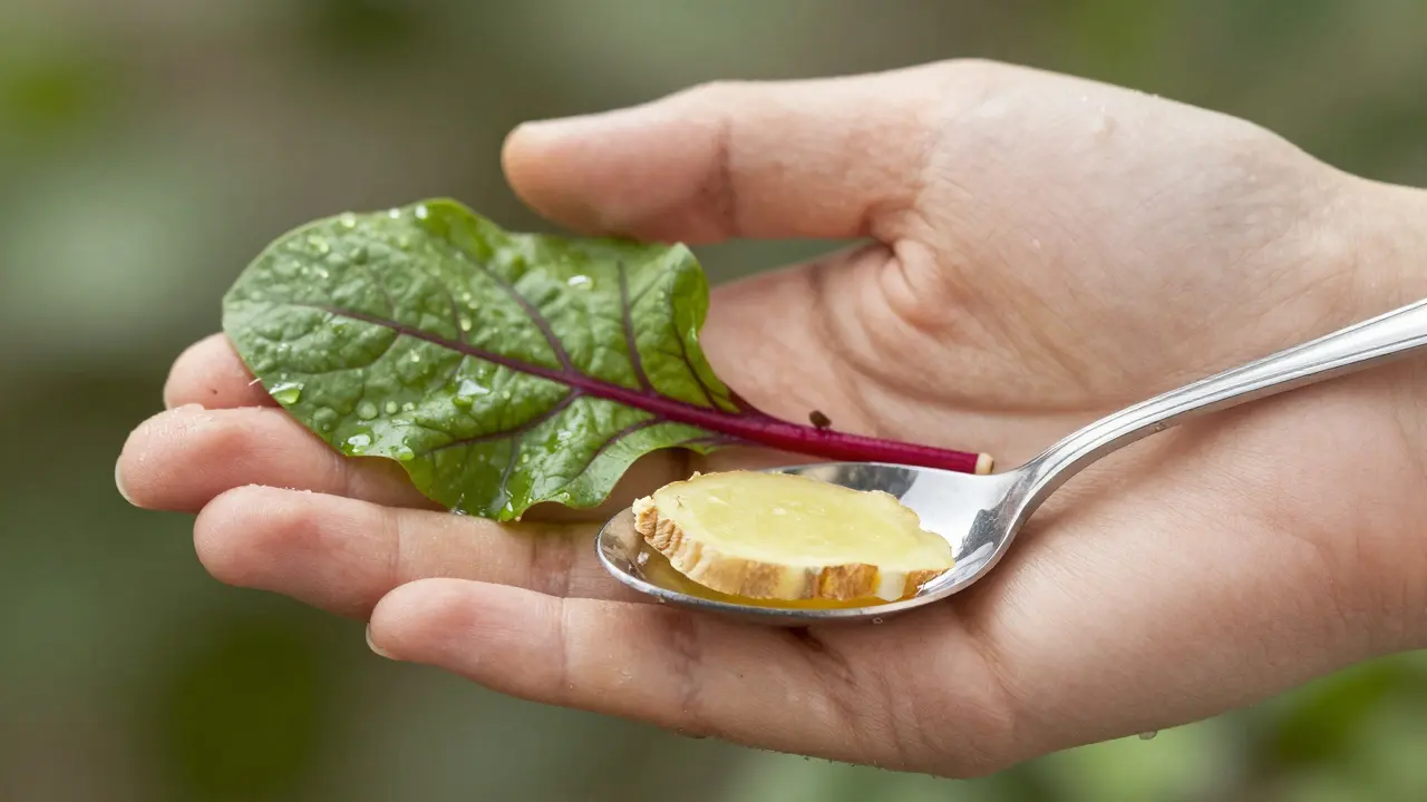 Ruka drží listy řepy a zázvor, v odrazu lžíce viditelné čisté zuby.