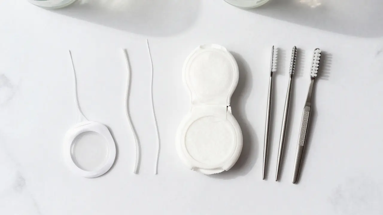 Různé druhy mezizubní nitě a kartáčků položené na stole.