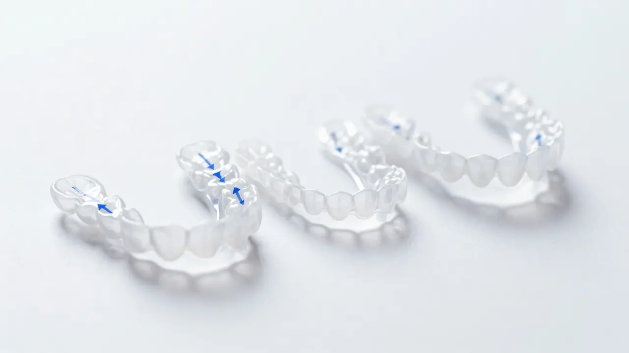 Sekvence průhledných ortodontických rovnátek uspořádaných podle pořadí s vyznačeným posunem zubů.