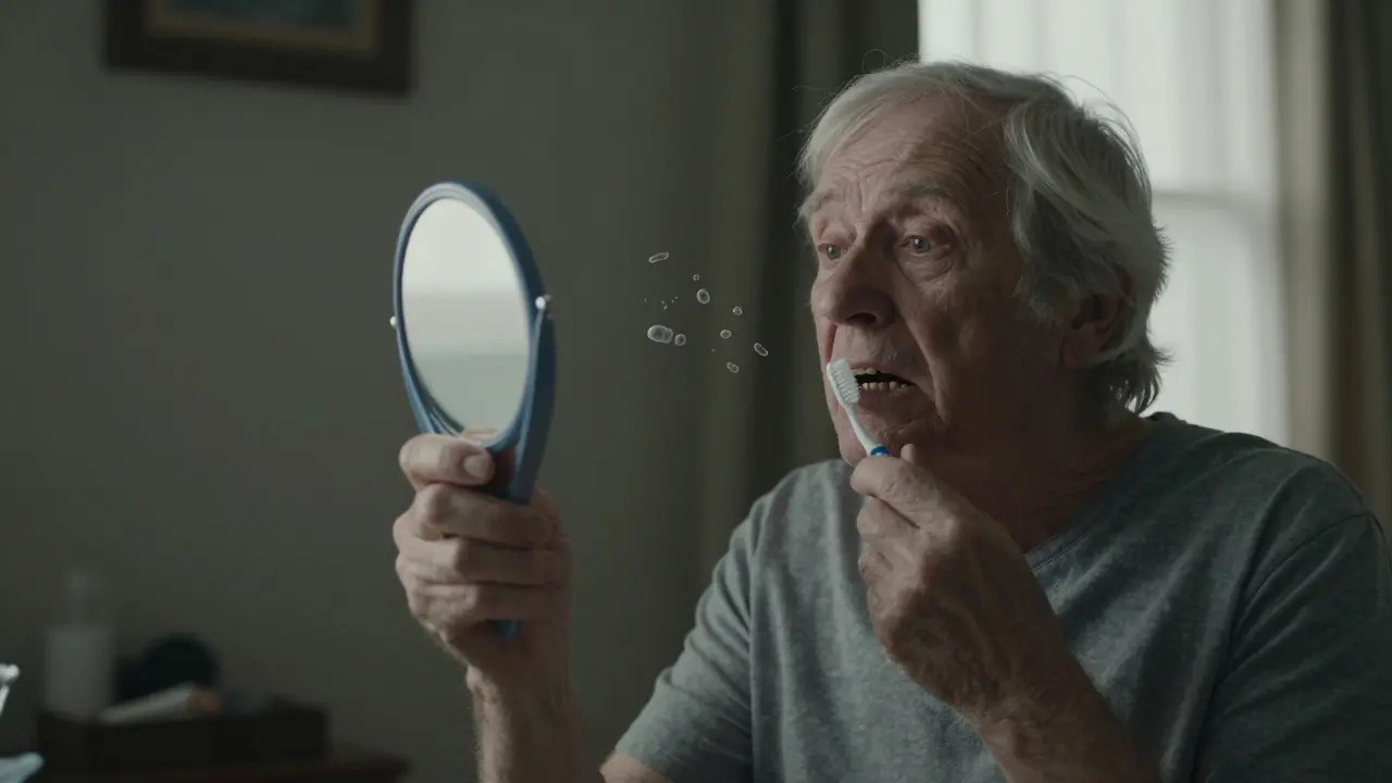 Starý muž hledí do zrcadla s viditelnou ztrátou zubů, v pozadí jemné stíny bakterií.