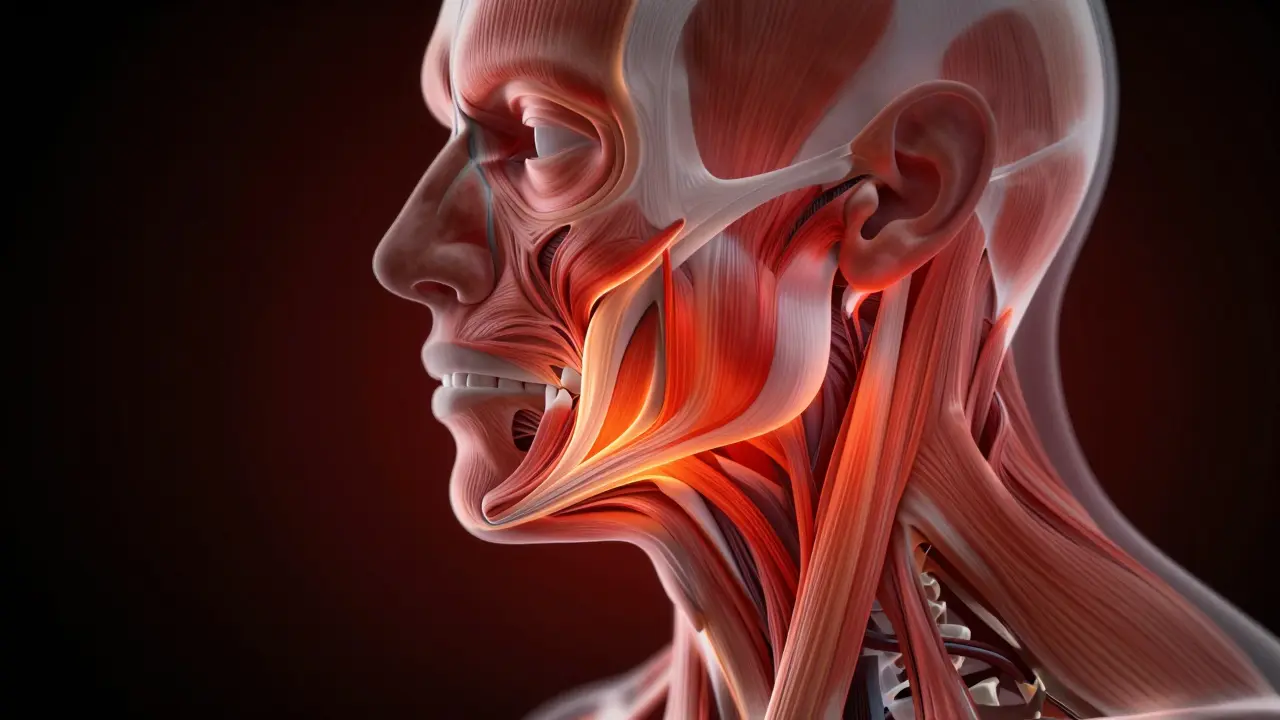 Svaly čelisti pod tlakem s viditelným zapálením kloubu