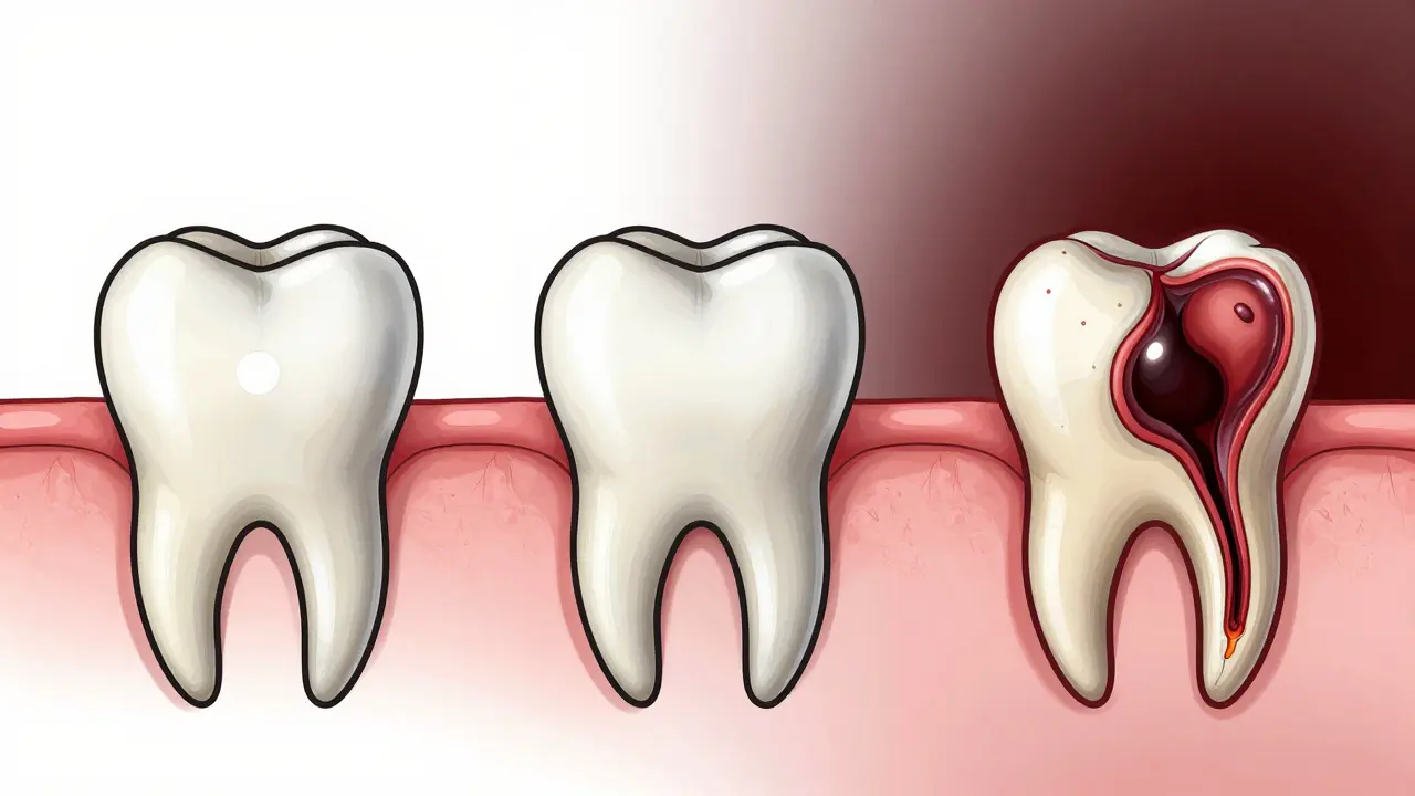 Tři fáze rozvoje zubního kazu: bílá skvrna, pronikání do dentinu a šíření infekce do čelisti.