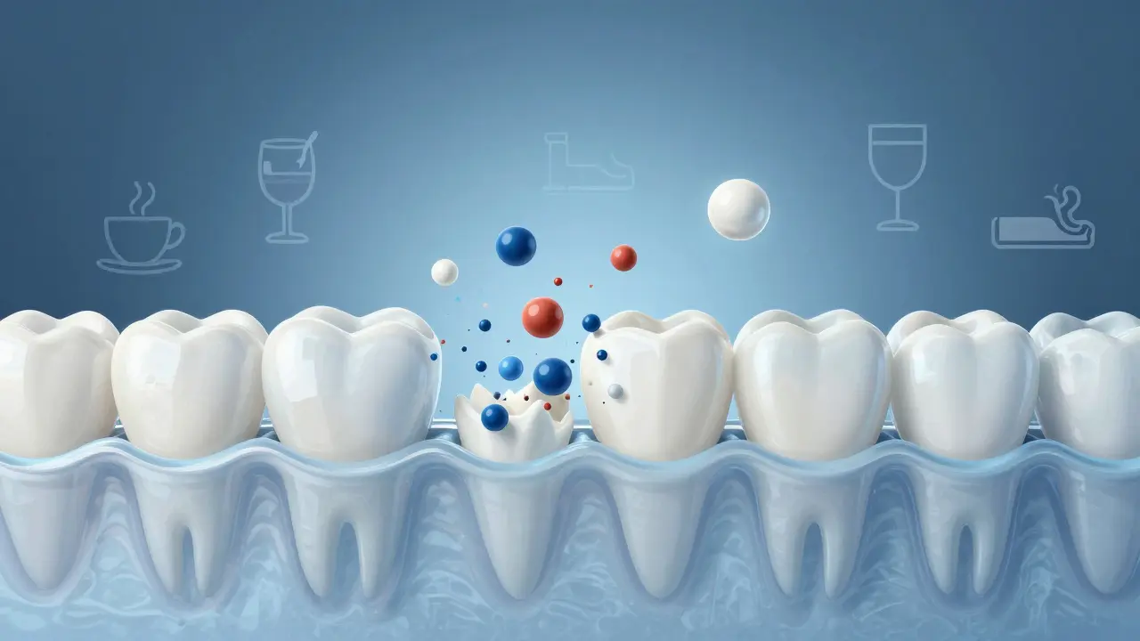 Vědecká ilustrace chemického procesu bělení zubů oxidací pigmentů.