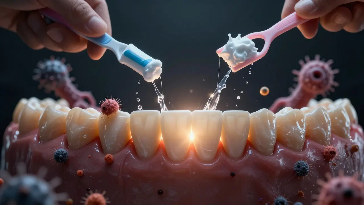 Zdravý úsměv září, zatímco škodlivé bakterie a káva postupně mizí pod vlivem hygieny.