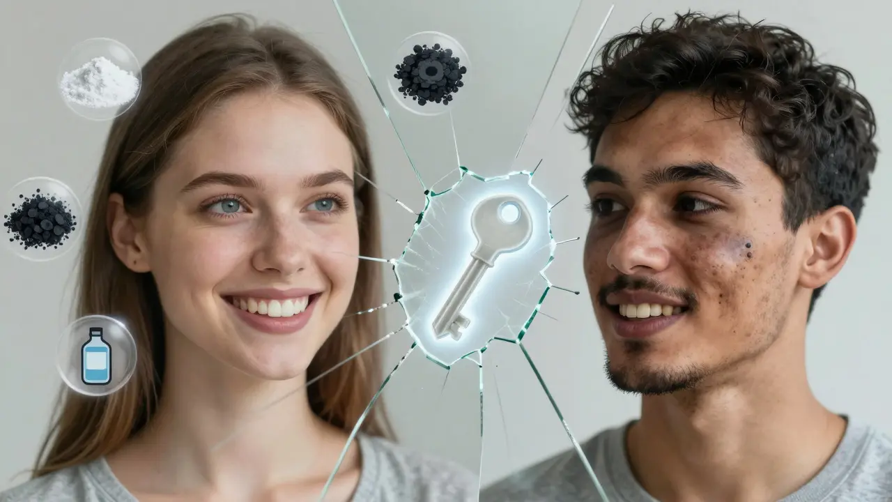 Zlomená skleněná překážka mezi dvěma lidmi, symbolizující psychologickou bariéru tetracyklinových skvrn.