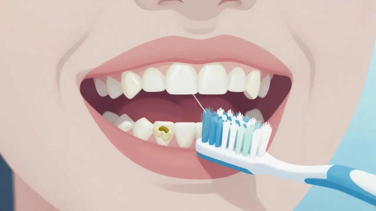 Zubní nit odstraňuje plak mezi zuby, zatímco kartáček čistí vnější plochy.