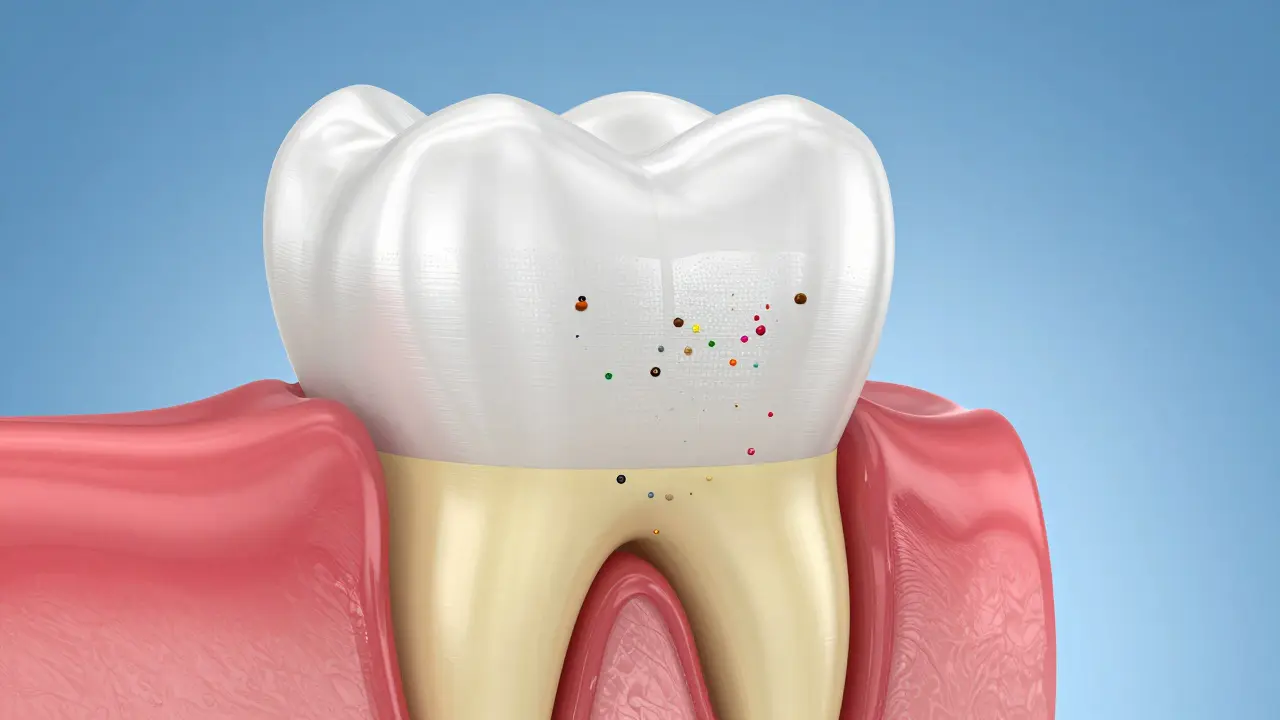 3D model zubu znázornující sklovinu, žlutý dentin a pronikající pigmenty.
