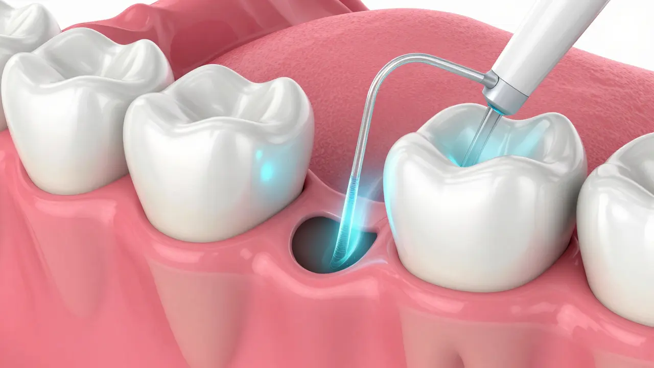 3D vizualizace částečně prorostlé osmičky a procesu vyplachování dásňové kapsy.