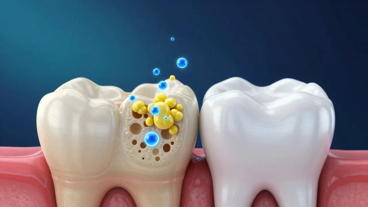 3D vizualizace procesu bělení skloviny zubů pomocí peroxidu.