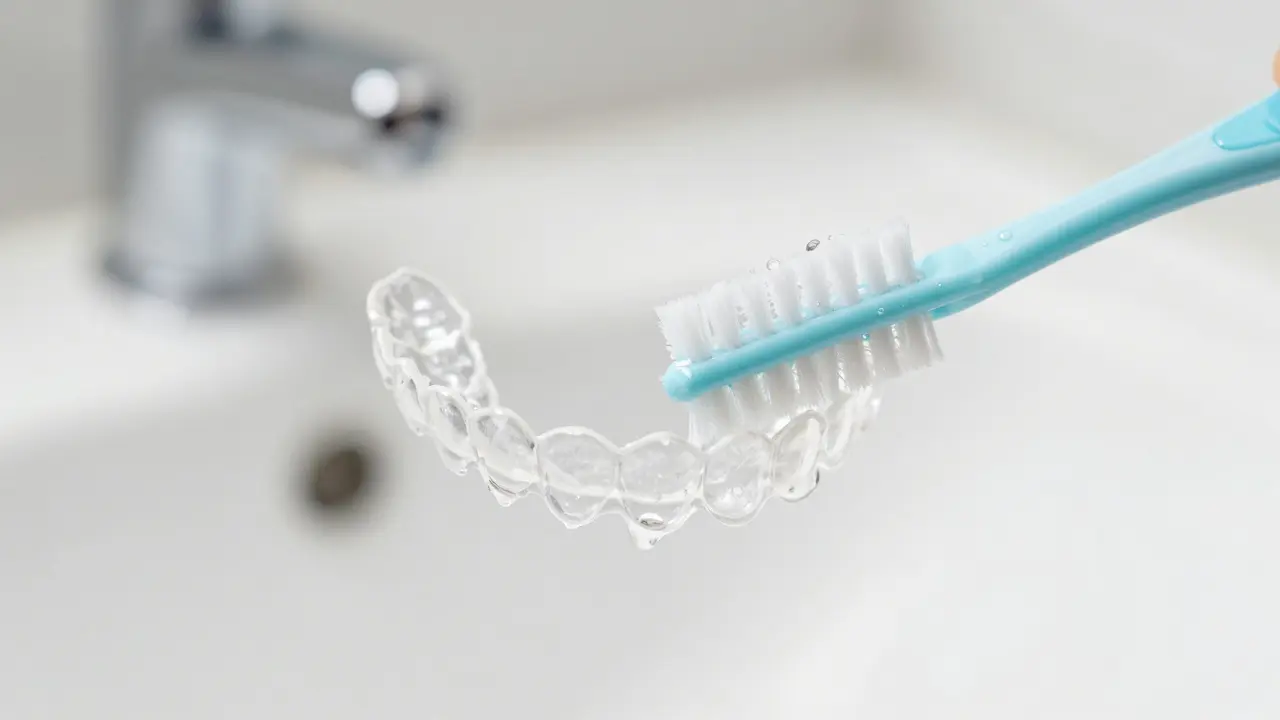 Detailní čištění průhledného aligneru jemným kartáčkem pod vodou.