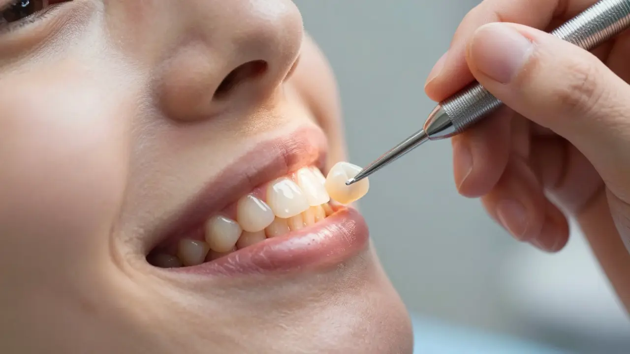 Detailní modelování kompozitní fazety na zubech pomocí precizního nástroje.