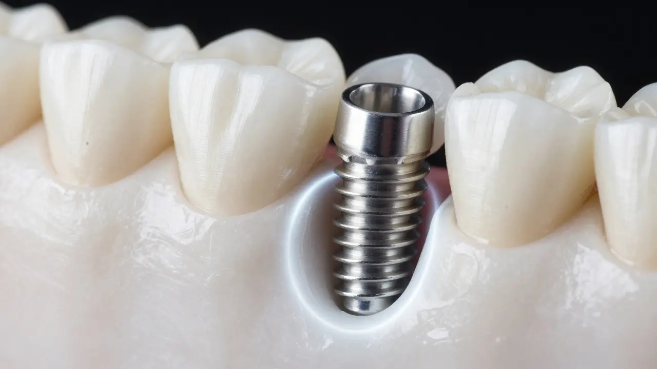 Detailní pohled na titanový implantát integrovaný do kostní tkáně čelisti.