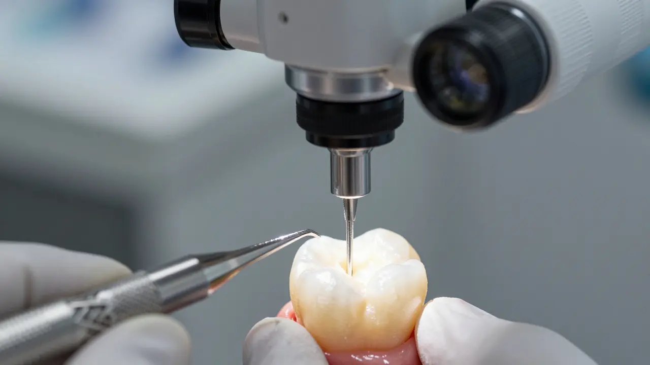 Detailní pohled přes operační mikroskop na ošetření kořenového kanálku.