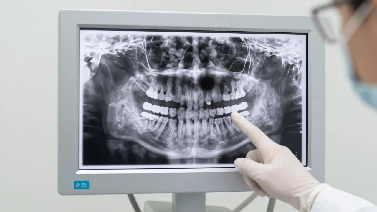 Digitální rentgen zubu zobrazující zánět u kořene v ordinaci.