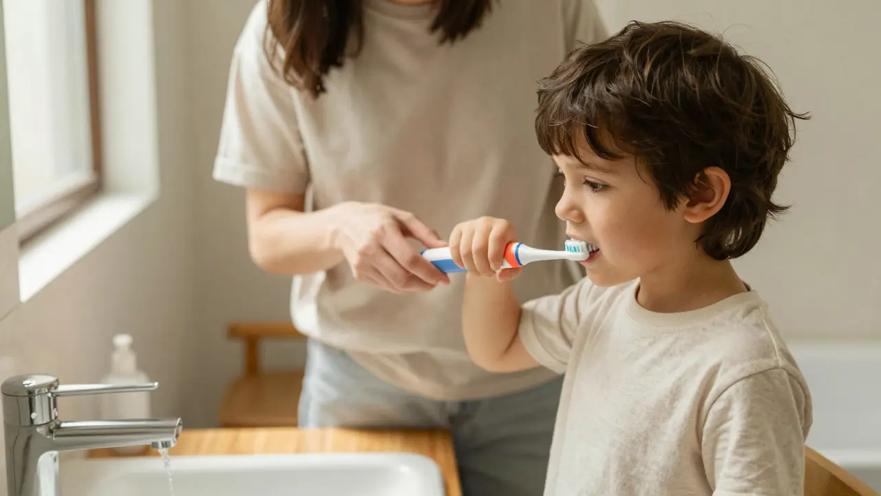 Dítě si čistí zuby elektrickým kartáčkem pod dohledem v koupelně.