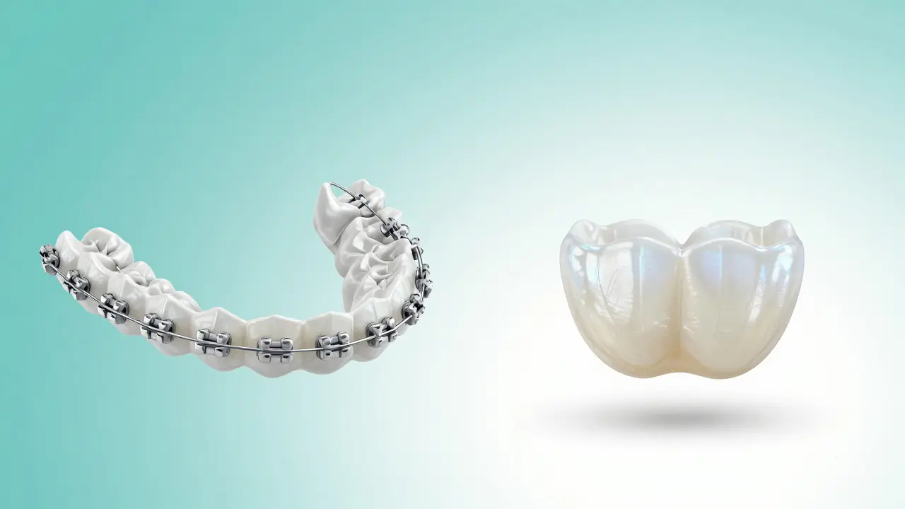 Koncepční srovnání ortodoncie a estetických fazet.