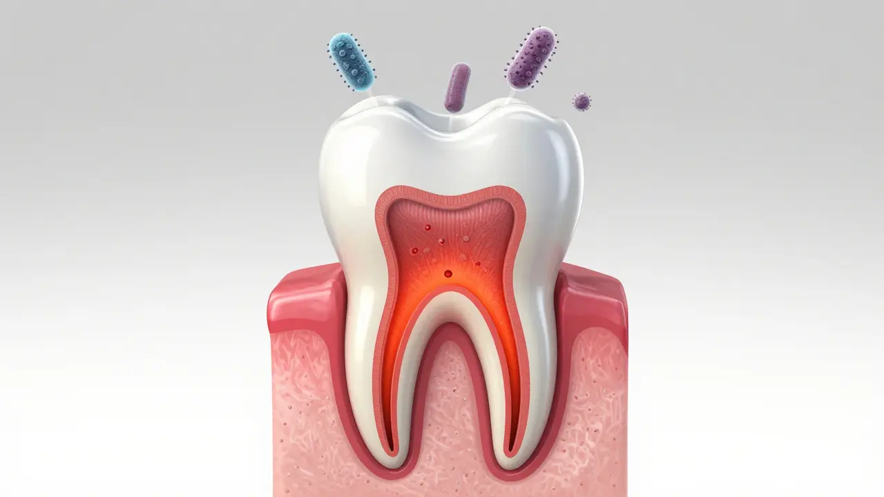 Konceptuální ilustrace zubu s červeně zvýrazněným zánětem pulpy.
