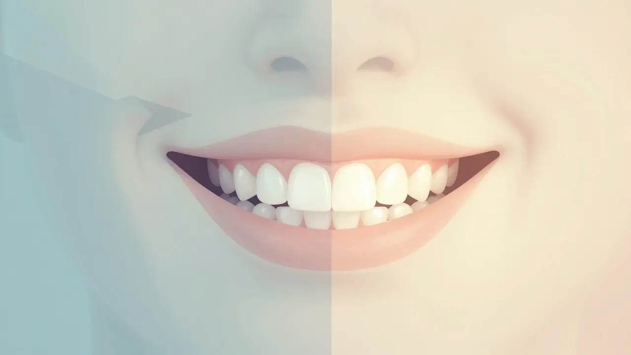 Konceptuální obraz znázornující přechod od napětí z bruxismu k harmonickému úsměvu.