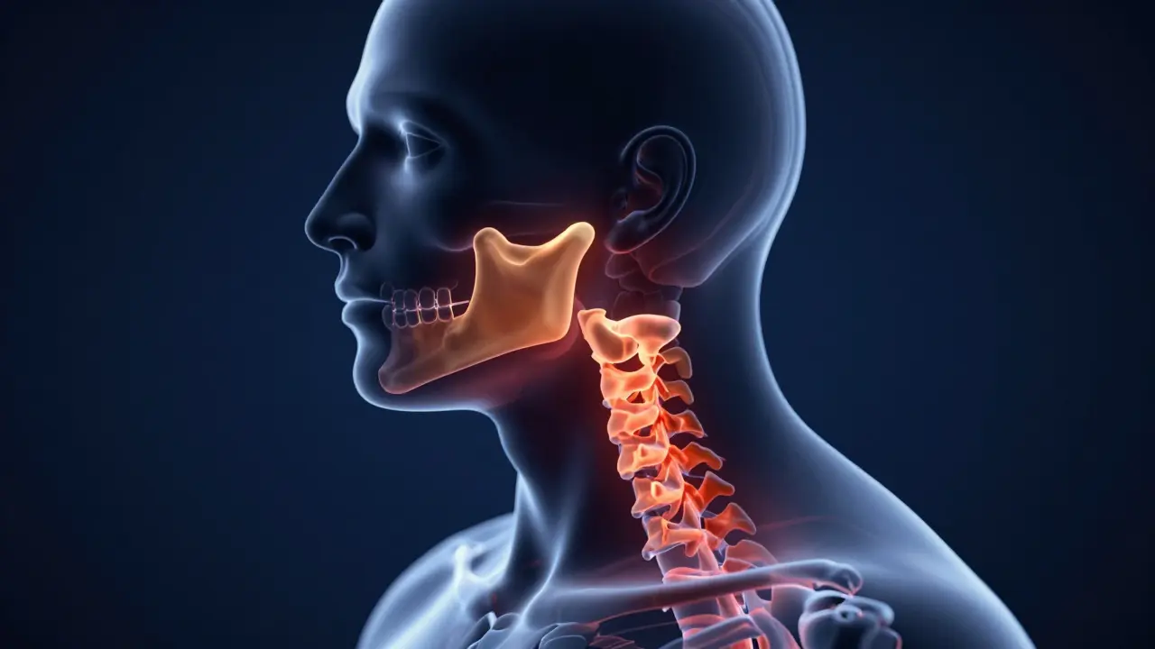 Konceptuální zobrazení napětí v čelistním kloubu a krční páteři.