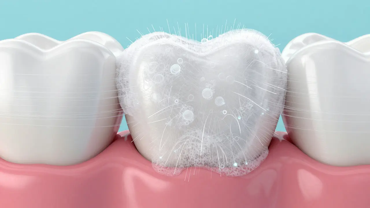 Makro detail jemných vláken kartáčku čistících zuby a dásně