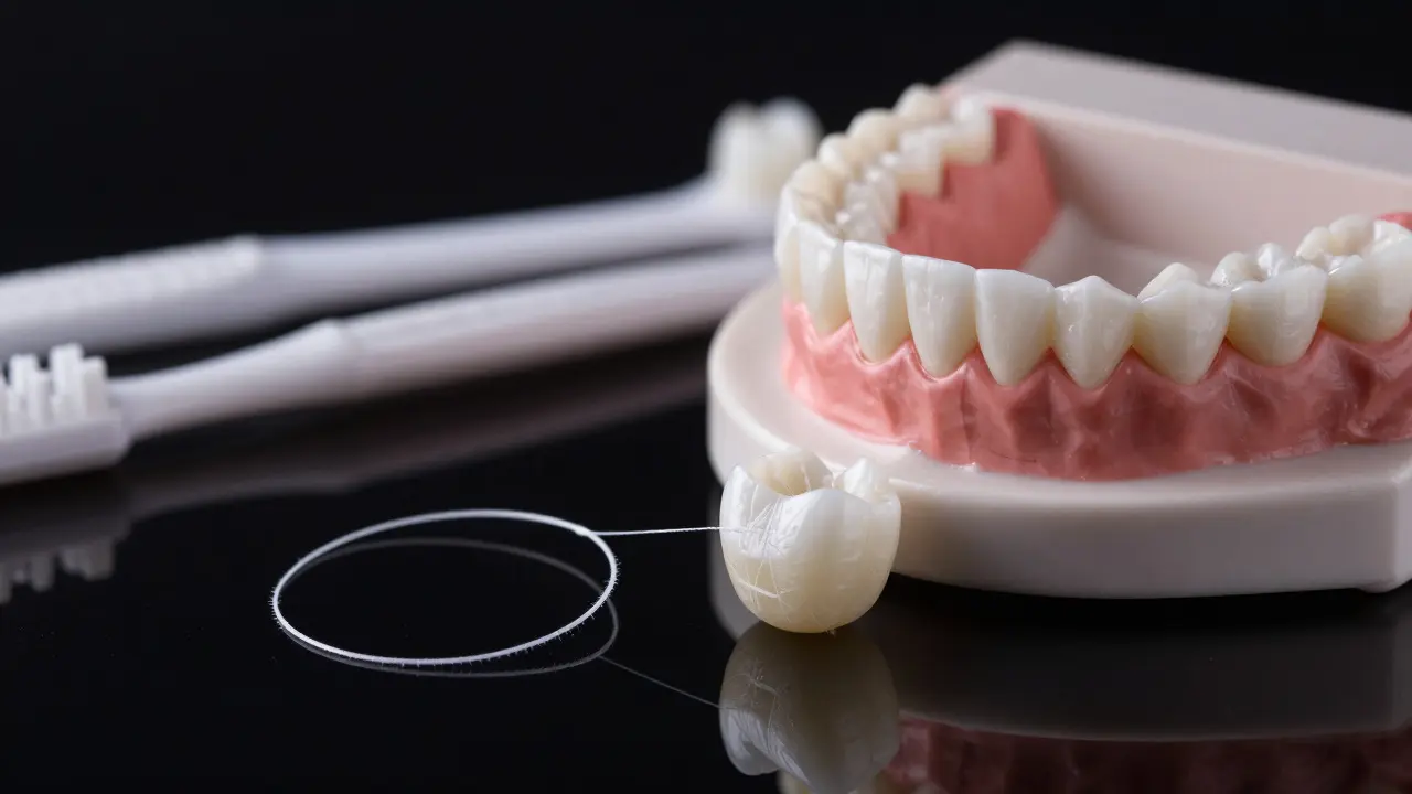 Mezizubní kartáčky a nit u keramické korunky znázorňující důležitost hygieny.