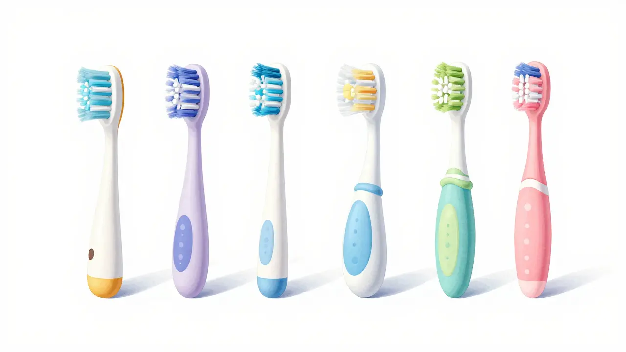 Nahrazovací hlavice dětského kartáče různých velikostí na bílém povrchu.