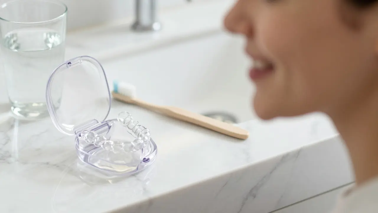 Průhledná šestranáAligned rovnátka v travel boxu vedle sklenice vody.