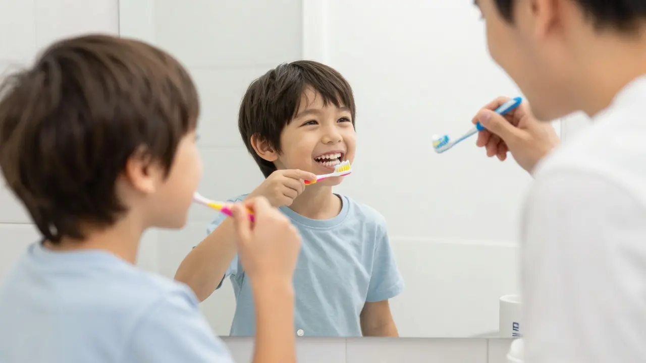 Rodic a dítě se společně a vesele čistí zuby před koupelnovým zrcadlem.