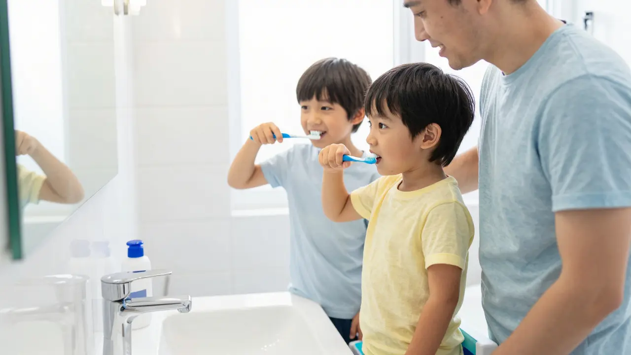 Rodič a malé dítě společně čistí zuby v koupelně před zrcadlem.