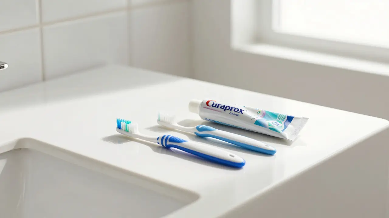 Sada kartáčků Curaprox a interdentálních kartáčků na koupelnové poloce v ranním světle.