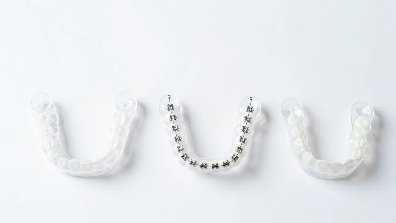 Sada moderních ortodontických pomůcek včetně průhledných alignerů a rovnátka.