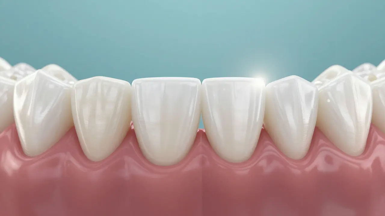 Srovnání zubu před a po aplikaci estetického keramického plátku.