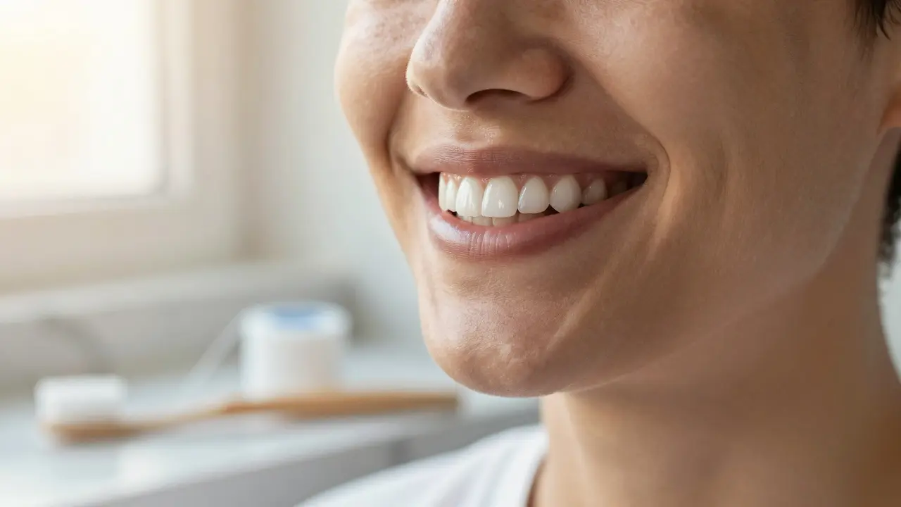Šťastný člověk s rovnými bílými zuby a hygienickou péčí.