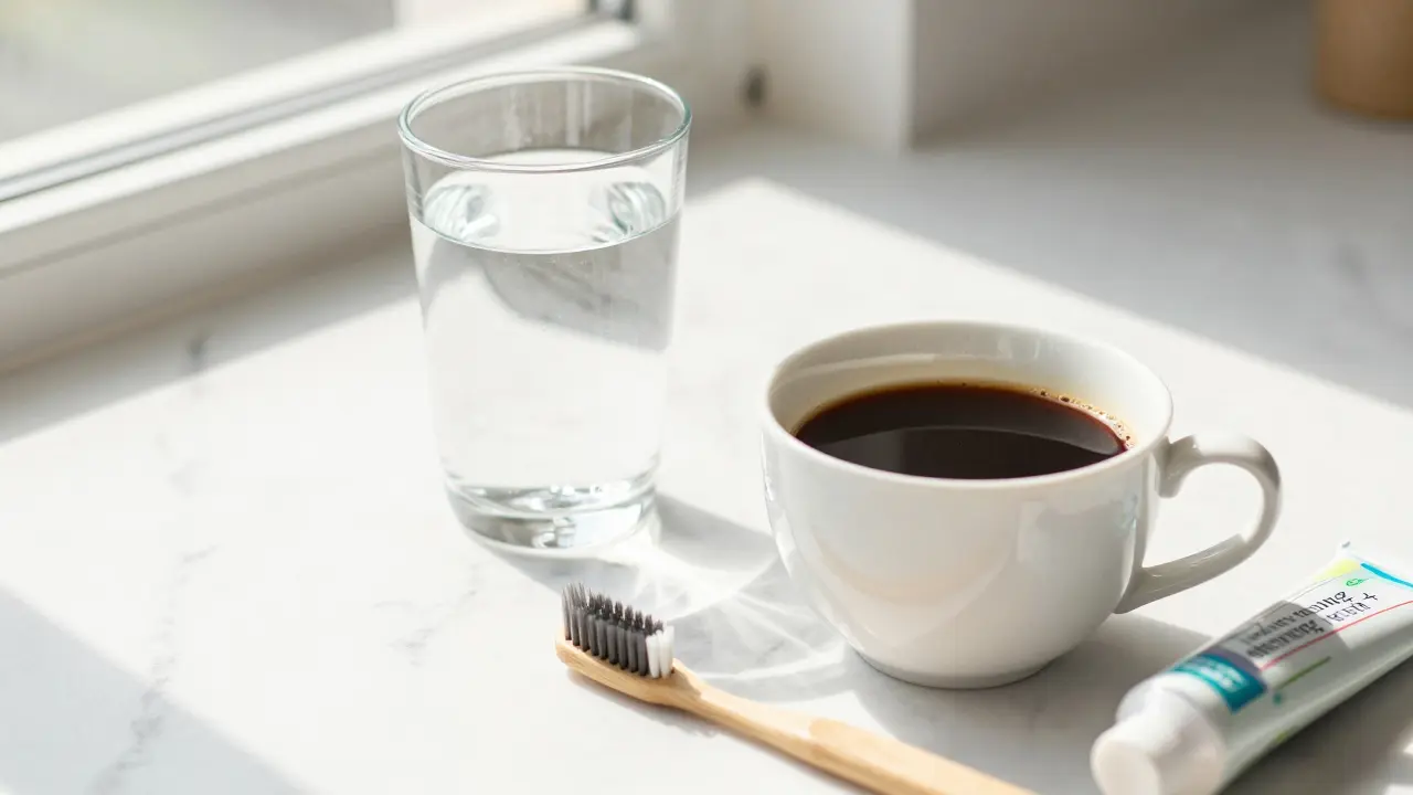 Stůl s kávou, vodou a zubním kartáčkem jako symbol péče o vybělené zuby.