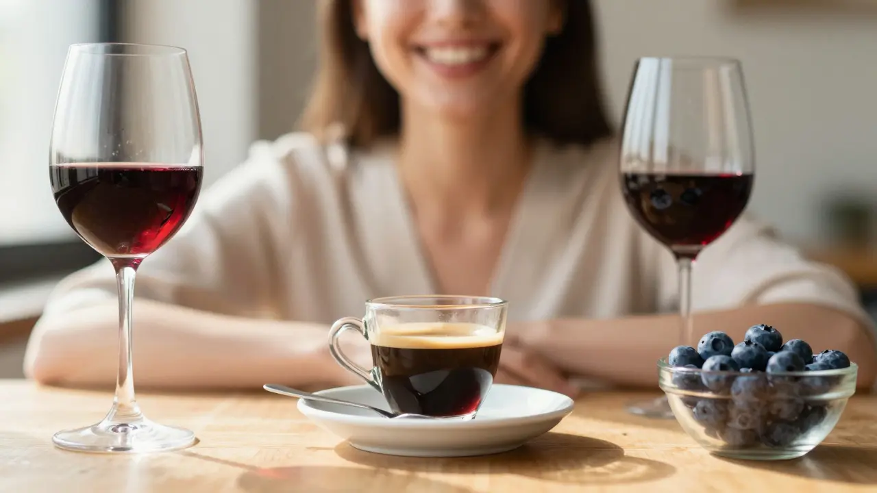 Zářivý úsměv vedle kávy a červeného vína, které mohou zuby barvit.