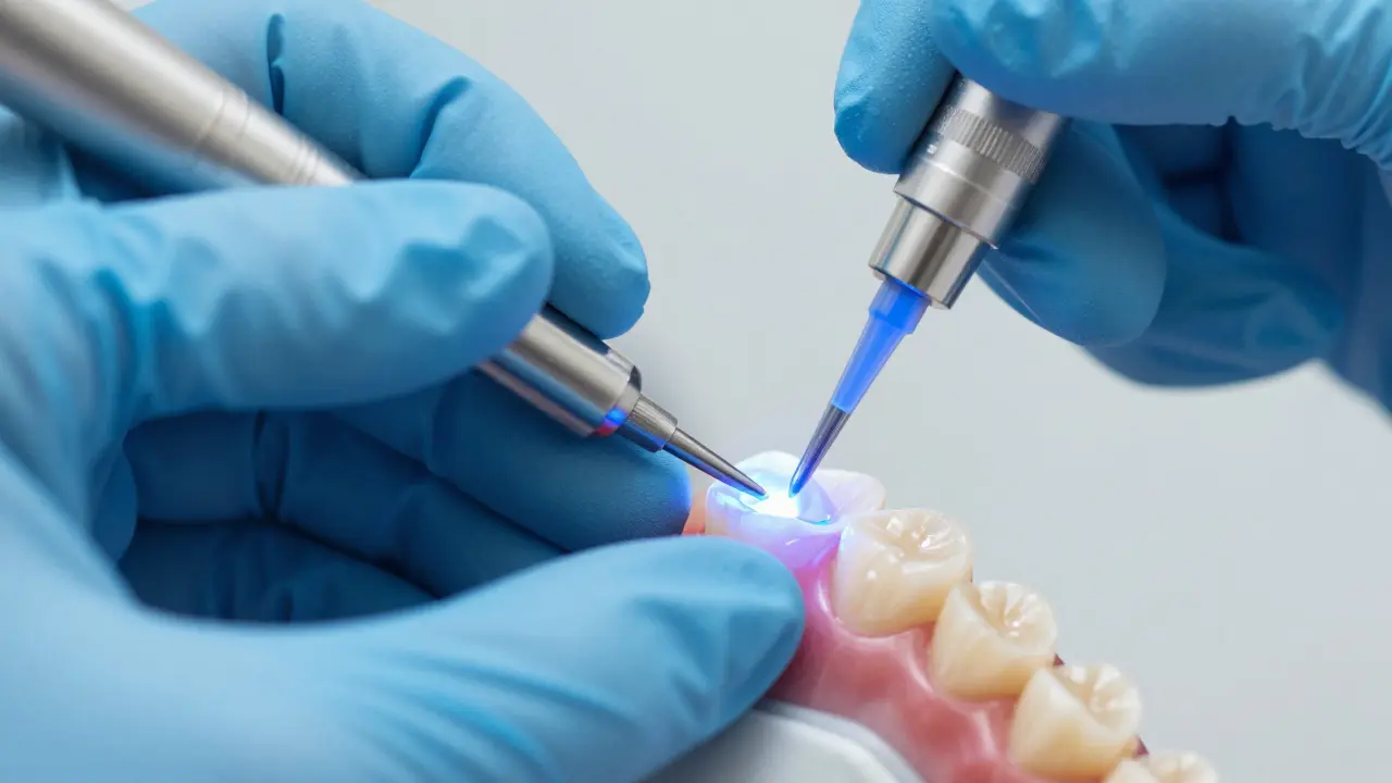 Zubní lékař aplikuje estetickou výplň a ztvrdí ji modrým UV světlem.