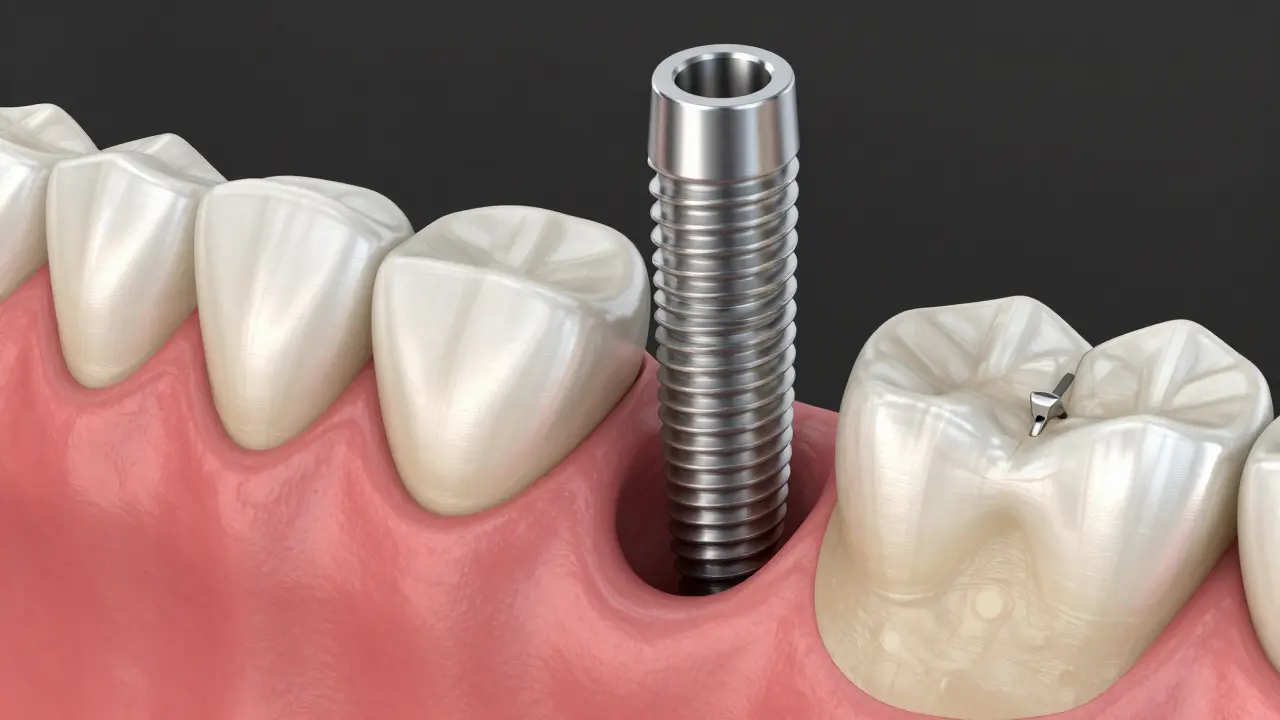 Dentální implantát umístěný do čelisti
