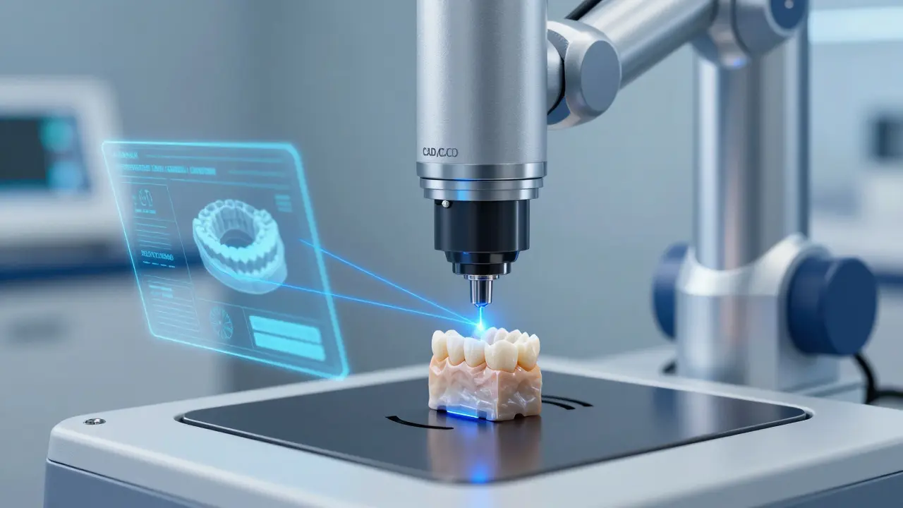 Robotická frézka vyrábí zirkoniový most v digitální laboratoři