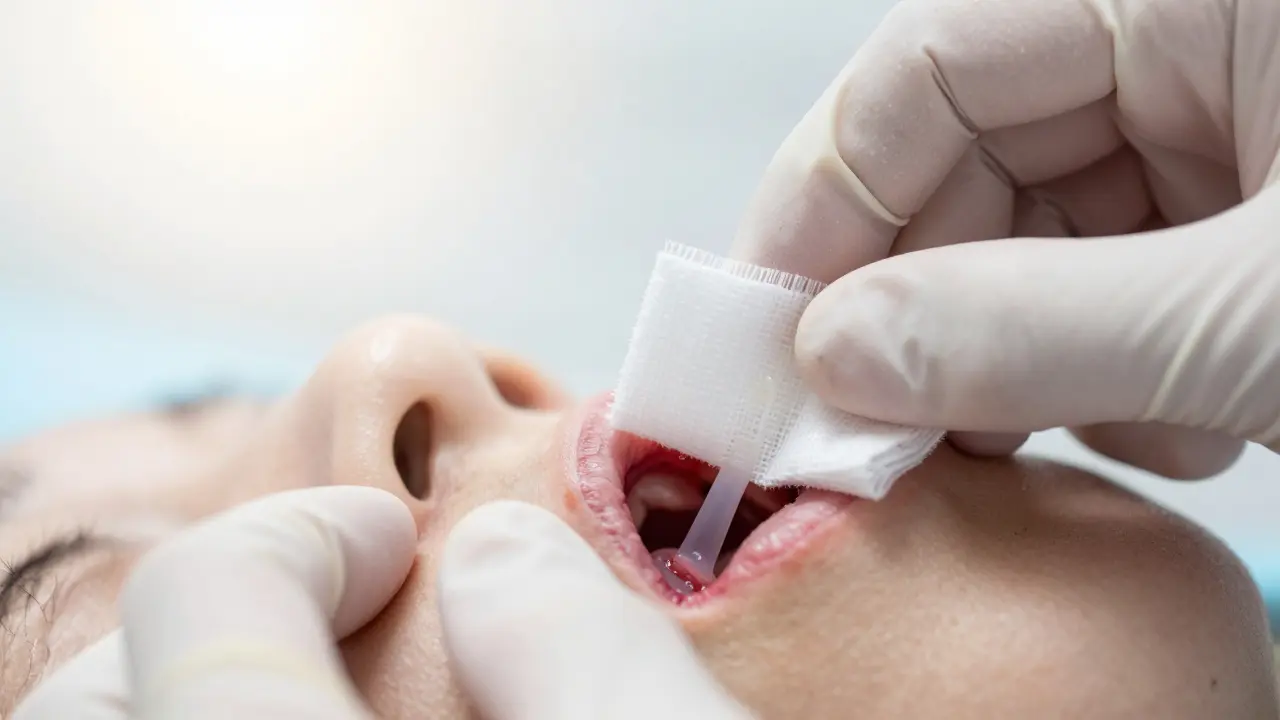 Stomatolog vkládá antiseptický gázový tampon do čištěného důlku