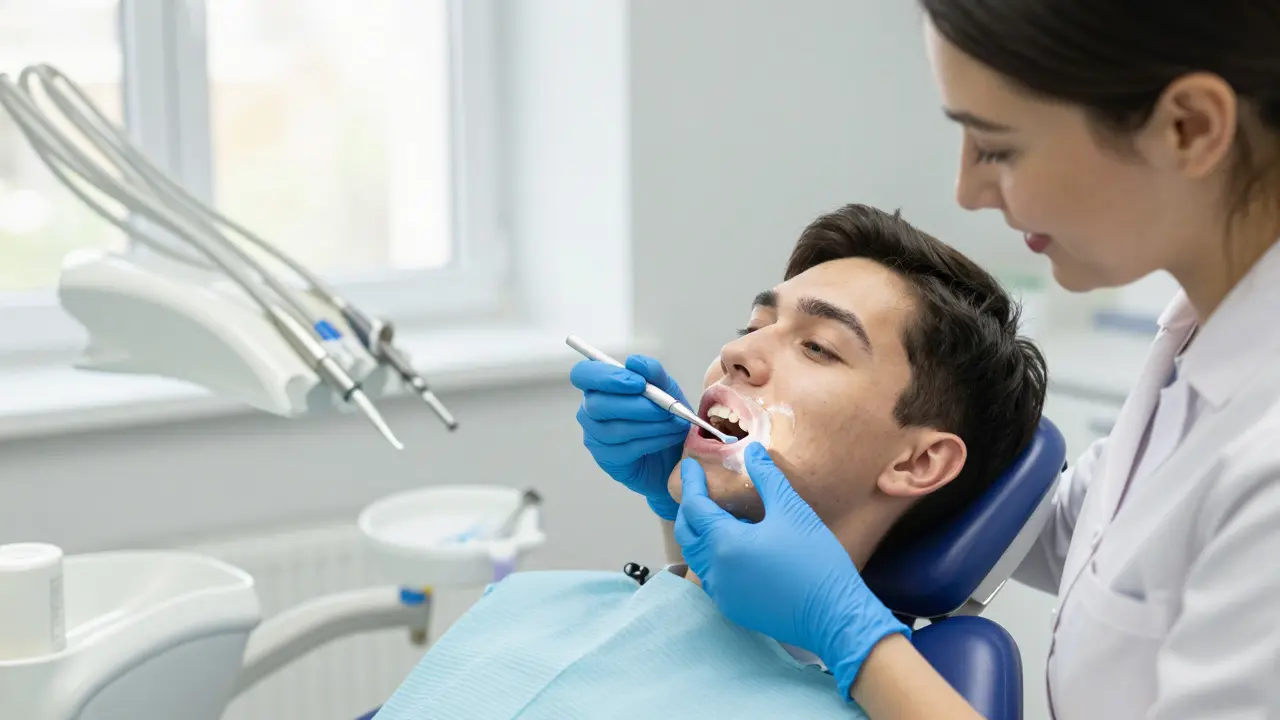 Zubní hygienistka nanáší fluoridový lak na zuby pacienta v ordinaci