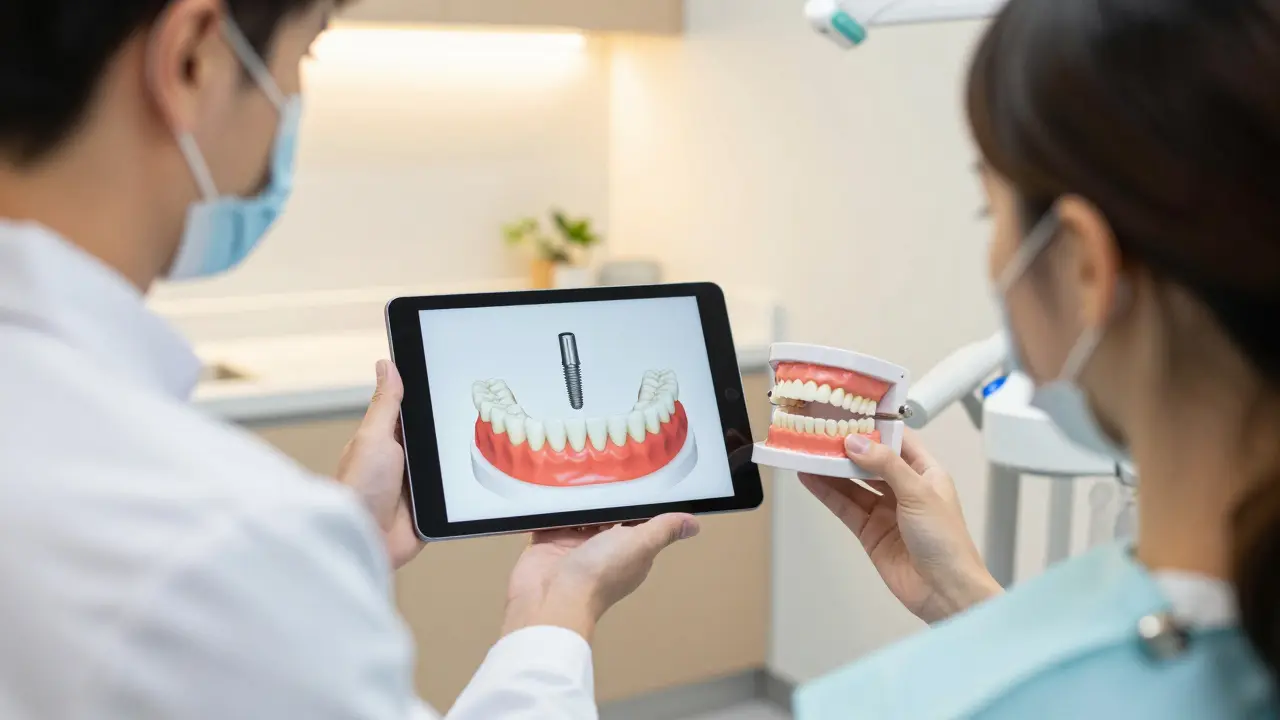 Zubní lékař vysvětluje pacientovi možnosti implantátů v ordinaci