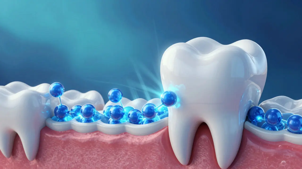 Abstraktní vizualizace fluoridu posilujícího zubní sklovinu proti kyselinám