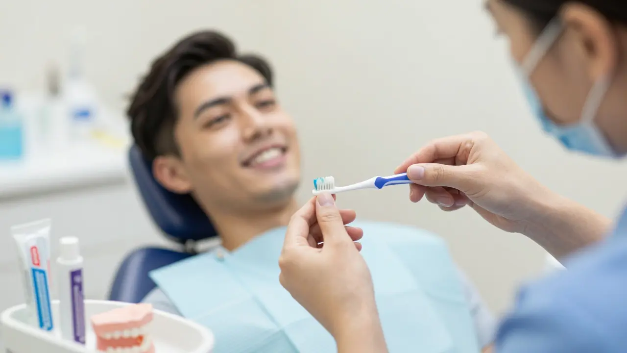 Dentální hygienistka ukazuje správnou techniku čištění mezery