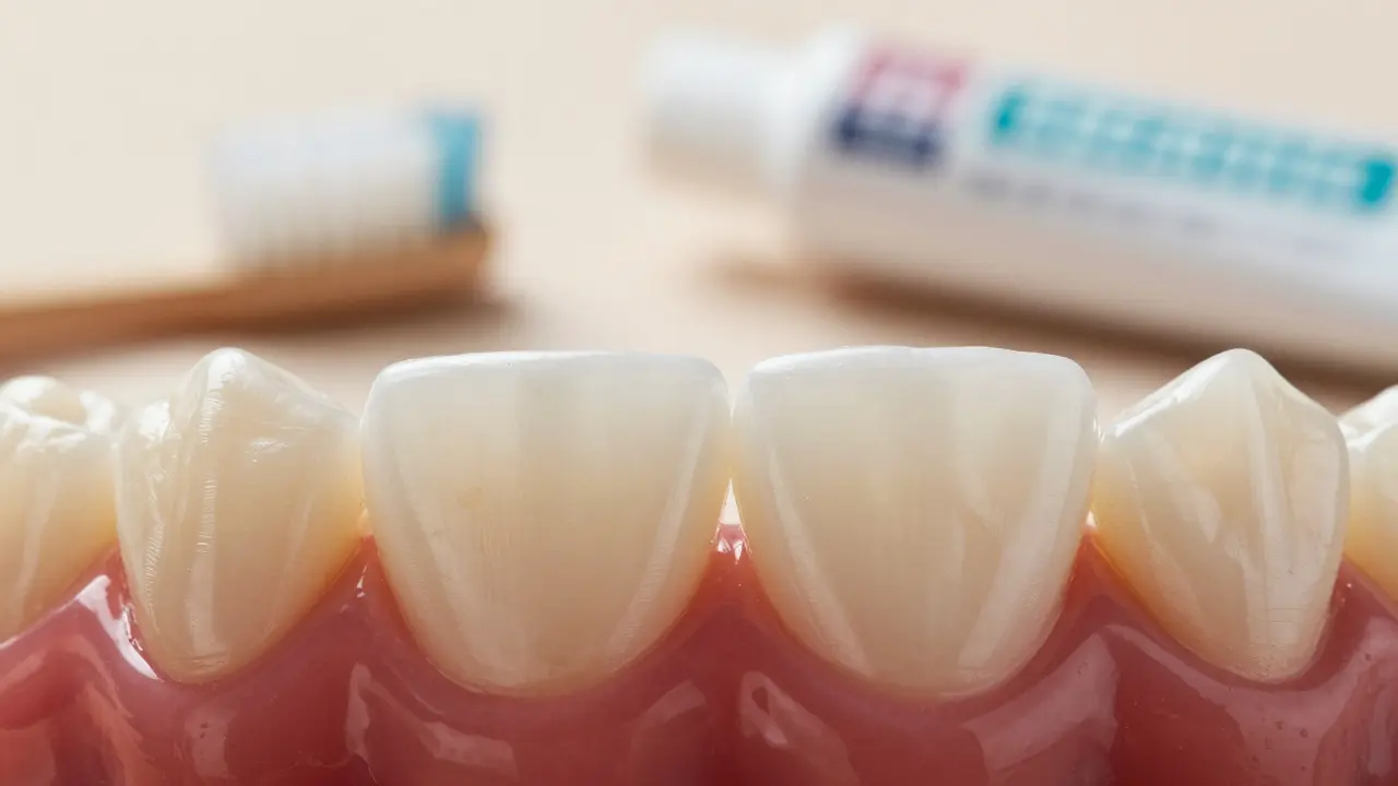 Detailní záběr na povrch zubu a keramické fazety s hygienou