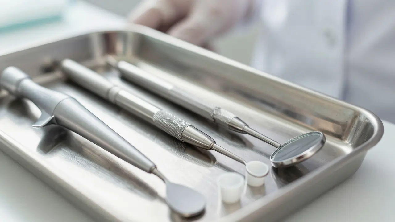 Profesionální nástroje pro dentální hygienu na tácu