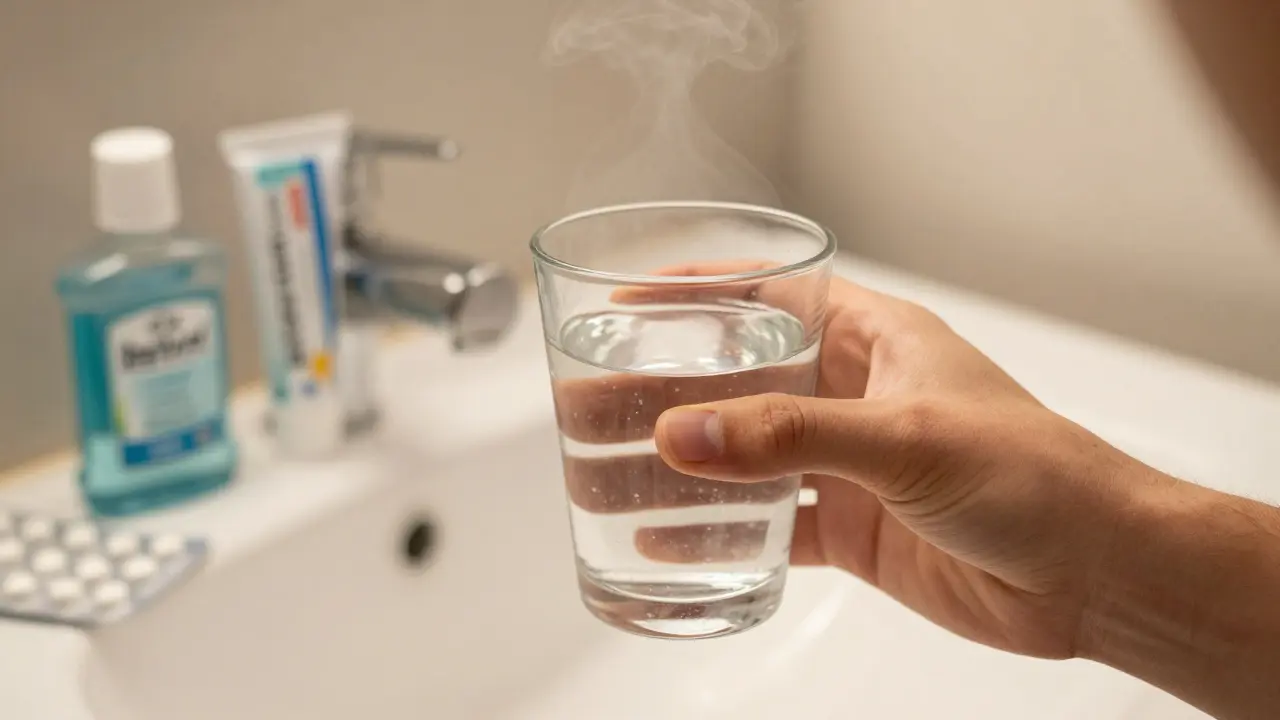 Sklenice teplé solné vody a léky na bolest zubů na umyvadle