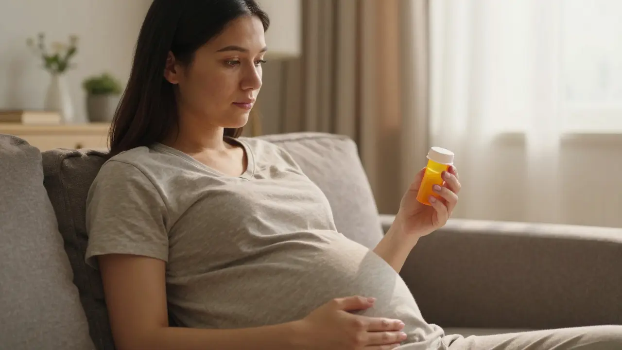 Těhotná žena zvažující bezpečnost antibiotik pro dítě