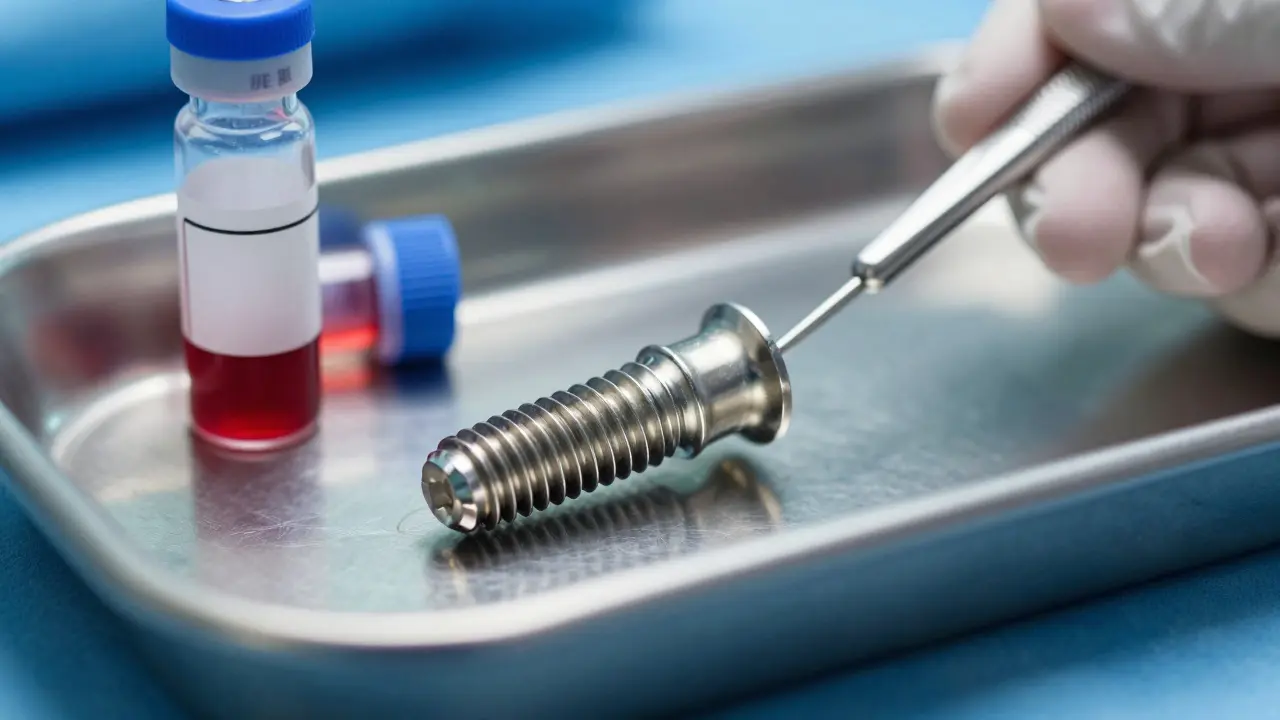 Titanový zubní implantát a vzorek krve na sterilním stole