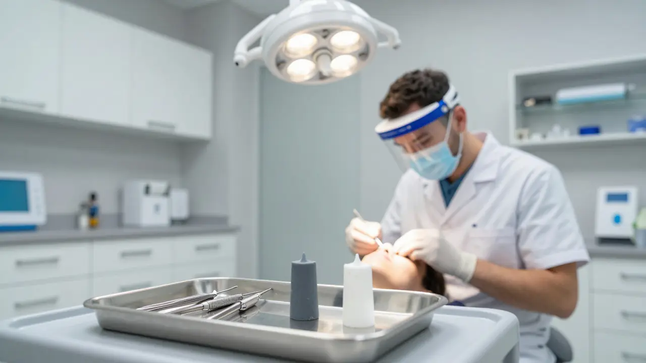 Zubní lékař na pohotovosti vyšetřuje pacienta s materiály pro plomby